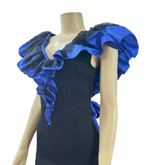 Vintage 80s Glam Cocktail Prom Dress Womens Small Black Blue Short Bow Ruffle - Picture 4 of 12
